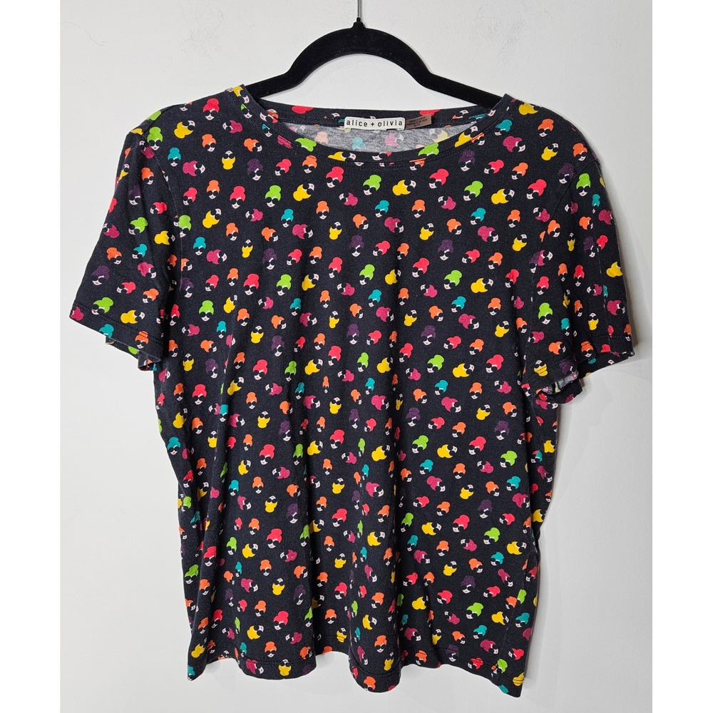 Alice + Olivia Stace Face Multi Color Neon Icon Print Cotton Tee Black XL TG